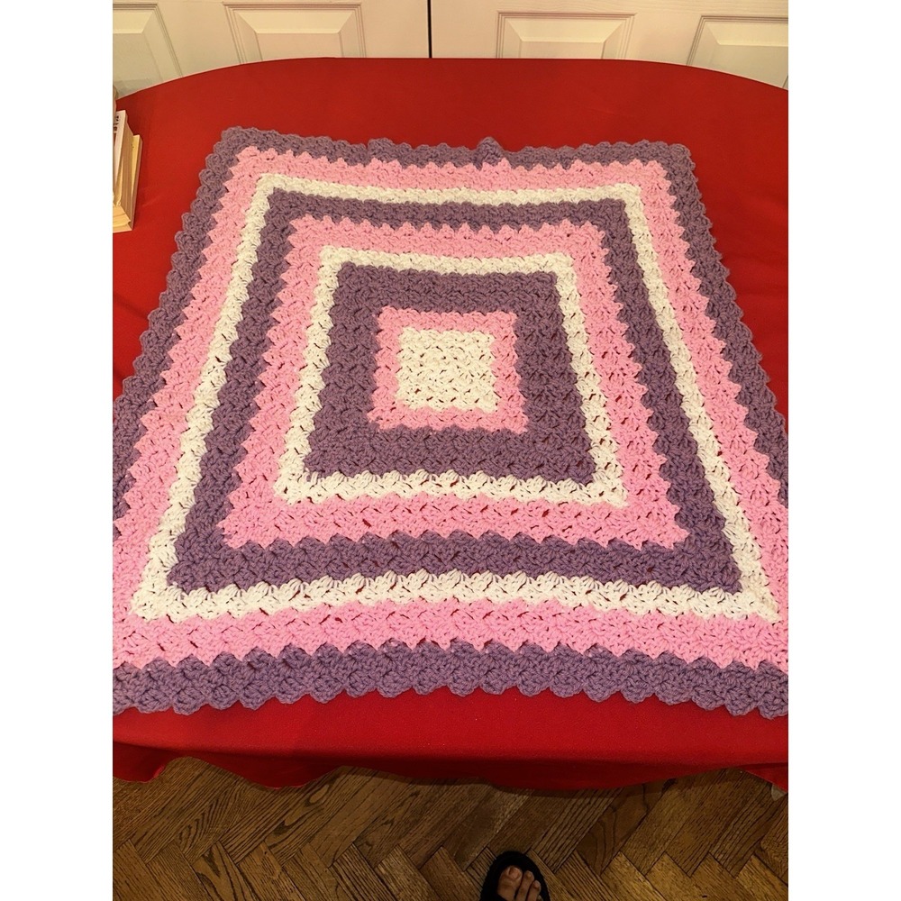 Crocheted Afghan Lap Blanket Purple Pink White
